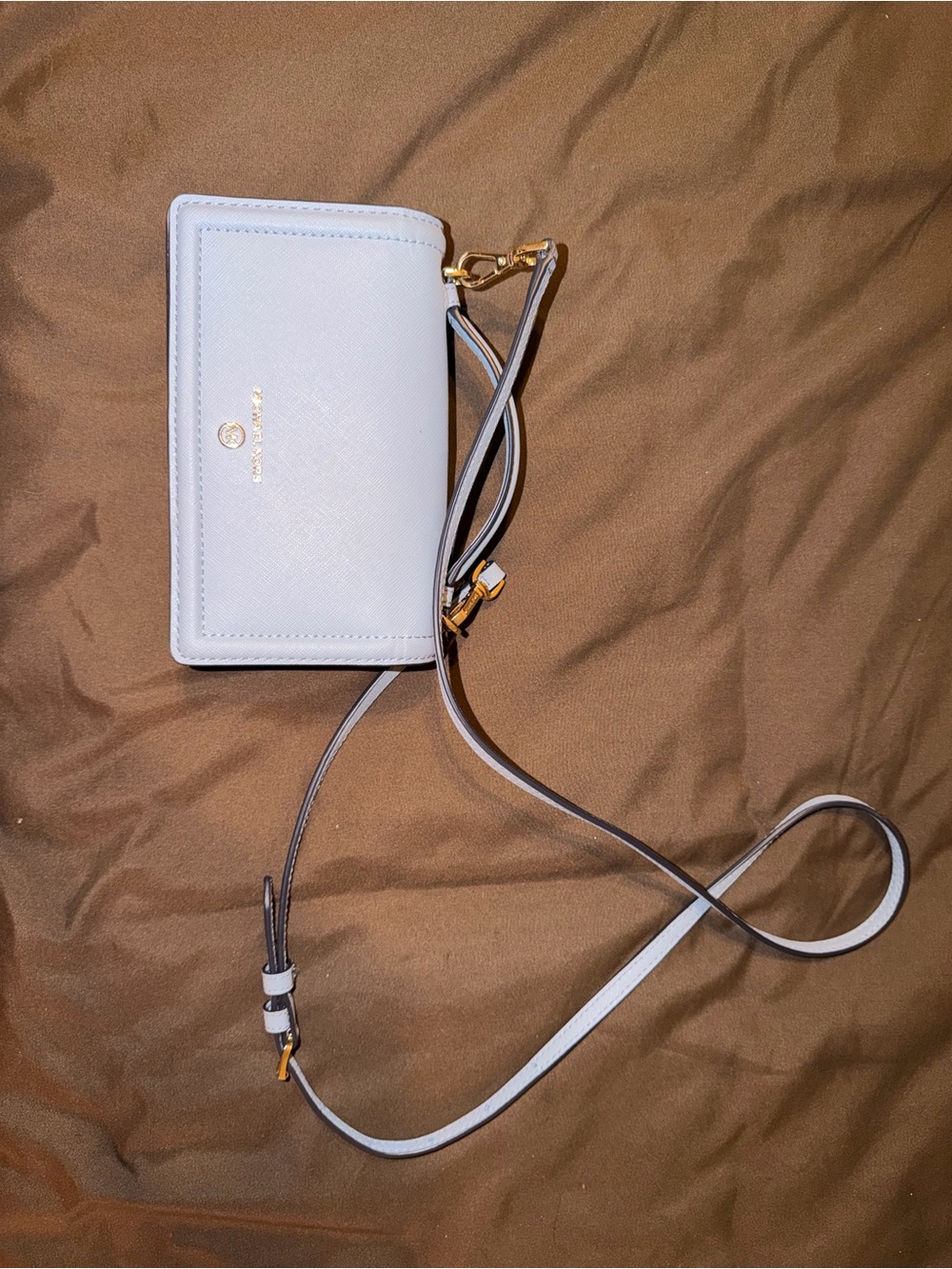 Michael Kors Pale Blue Crossbody Wallet with Gold Hardware